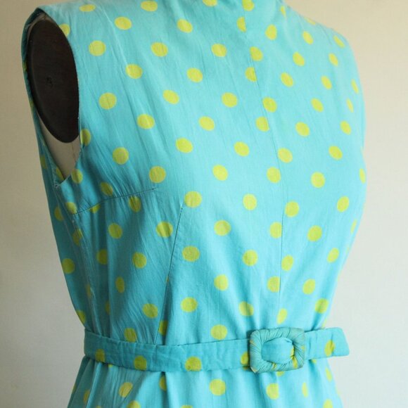 Vintage 1960s Dress with Belt, Blue with Yellow Polka Dots, Summer - Picture 4 of 10